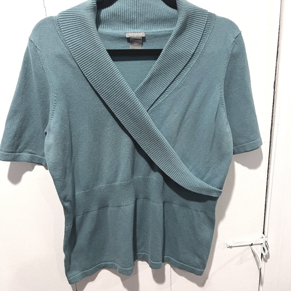 Ann Taylor Teal Shawl Collar V-Neck Sweater